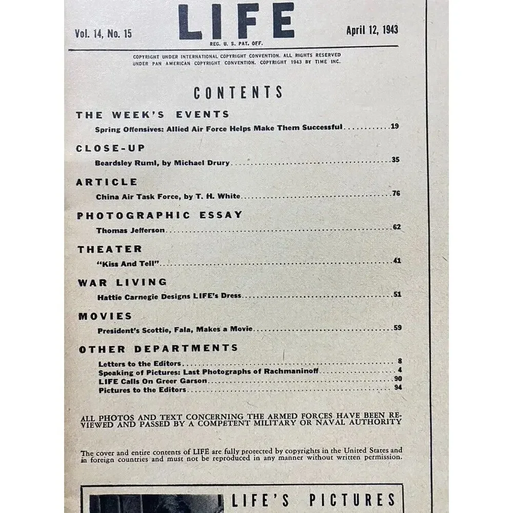 LIFE Magazine April 12 1943 Jefferson Memorial Cover WWII Era
